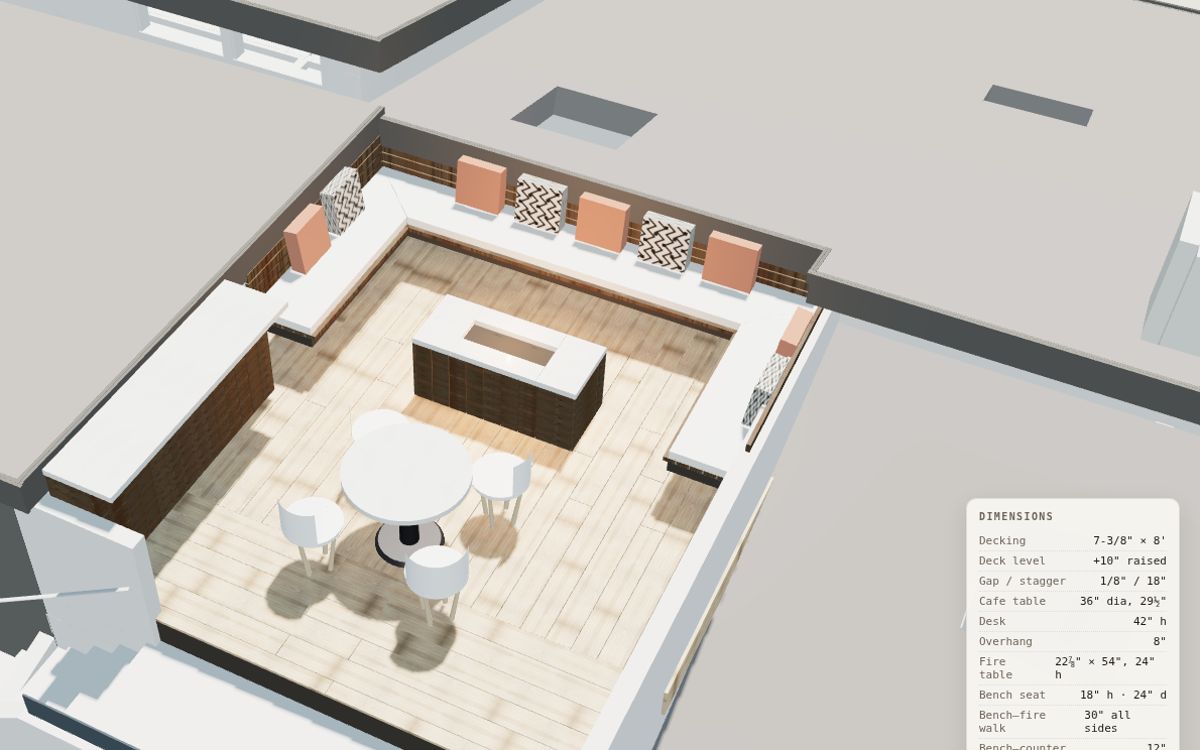 3D model of a roof terrace with decking, built-in seating and a fire table
